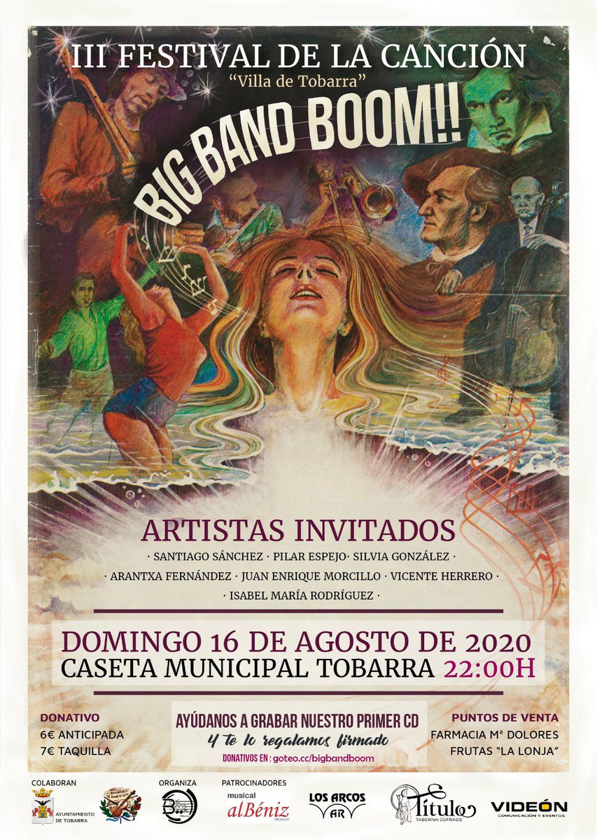 BigBandBoom1's tweet photo. Ya tenemos fecha para nuestra próxima actuación!!. Este 16 de Agosto tendrá lugar el tercer festival de la canción organizado por la Big Band en la Caseta Municipal. Ven a desconectar de la actualidad con nosotros y disfrutar de buena música en directo. Entradas ya disponibles. https://t.co/42viy2lVTz
