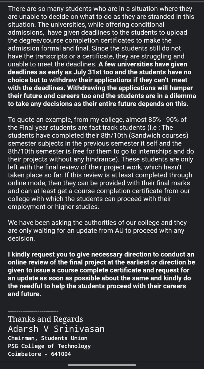 Adarsh_98's tweet photo. Requesting #UGC, @AICTE_INDIA and #AnnaUniversity to take a decision either to conduct online examination/viva of the project for final year students or issue course/degree completion certificate so that  the students can proceed to the next stage of higher education/employment. https://t.co/sBCcPoGVuD
