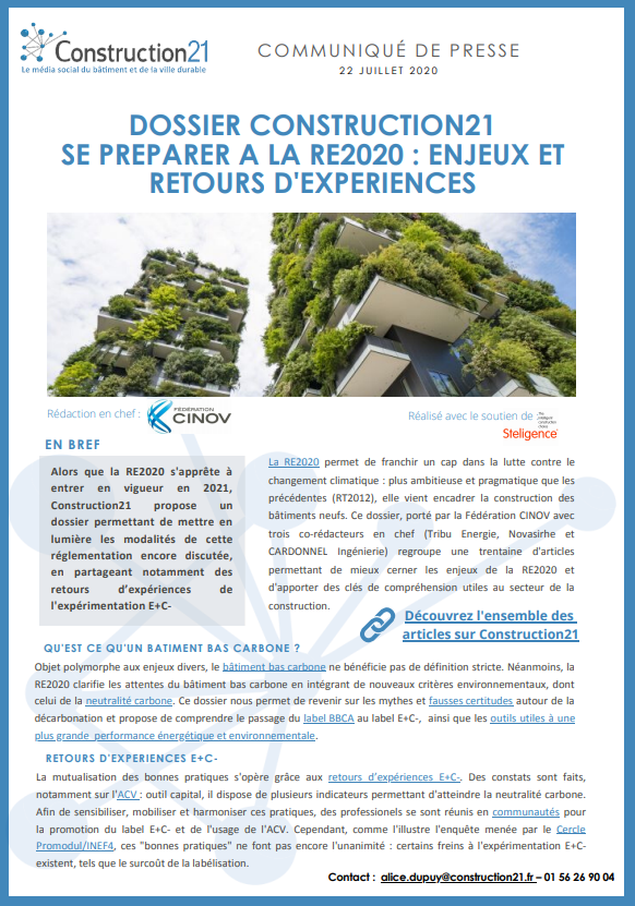 Construction21F's tweet photo. [Communiqué de presse 📰] #RE2020 : un dossier porté par la @federationcinov pour mieux cerner les enjeux liés à la nouvelle #reglementation ➡ A découvrir sur Construction21 !
 https://t.co/Zz0fYugwWA
Réalisé avec le soutien de @steligence https://t.co/72LEJmMAnj