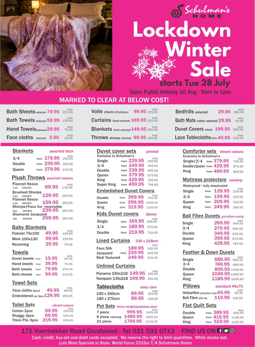 SchulmansHome's tweet photo. We've got all your #winter and #lockdown essentials, #belowcost sale and much more in store https://t.co/slpeaeEl1H the Lockdown Winter sale is now on. #CapeTown #Linen #Sales https://t.co/0qwOSmmqkq