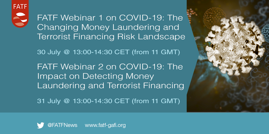 The FATF is holding two webinars on different aspects of the Covid-19 pandemic and its impact on illicit finance. They take place on Thursday 30 July and Friday 31 July and feature global experts, including from <a href="/Europol/">Europol</a> <a href="/INTERPOL_HQ/">INTERPOL</a> and <a href="/HSBC/">HSBC</a>. See more👉bit.ly/2D8TPXI