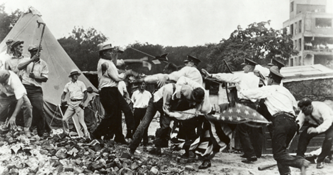 "Despite the fact that the Bonus Army was made up of 95 percent veterans, the entire group were labeled 'Red agitators' — tantamount to declaring open season on an oppressed group of U.S. citizens. Right on cue, Hoover called out the troops."  #teachoutsidetextbook