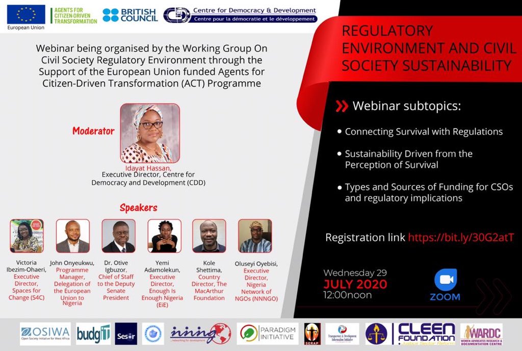 nnngo's tweet image. Watch out for this webinar on ‘Regulatory Environment and Civil Society Sustainability.’ Wednesday, July 29, 2020 ⏰: 12 PM (WAT). Register here: bit.ly/30G2atT @BritishCouncil @OSIWA1 @BudgITng @ParadigmHQ @SERAPNigeria @cleenfoundation  @CDDWestAfrica #CSORegulation
