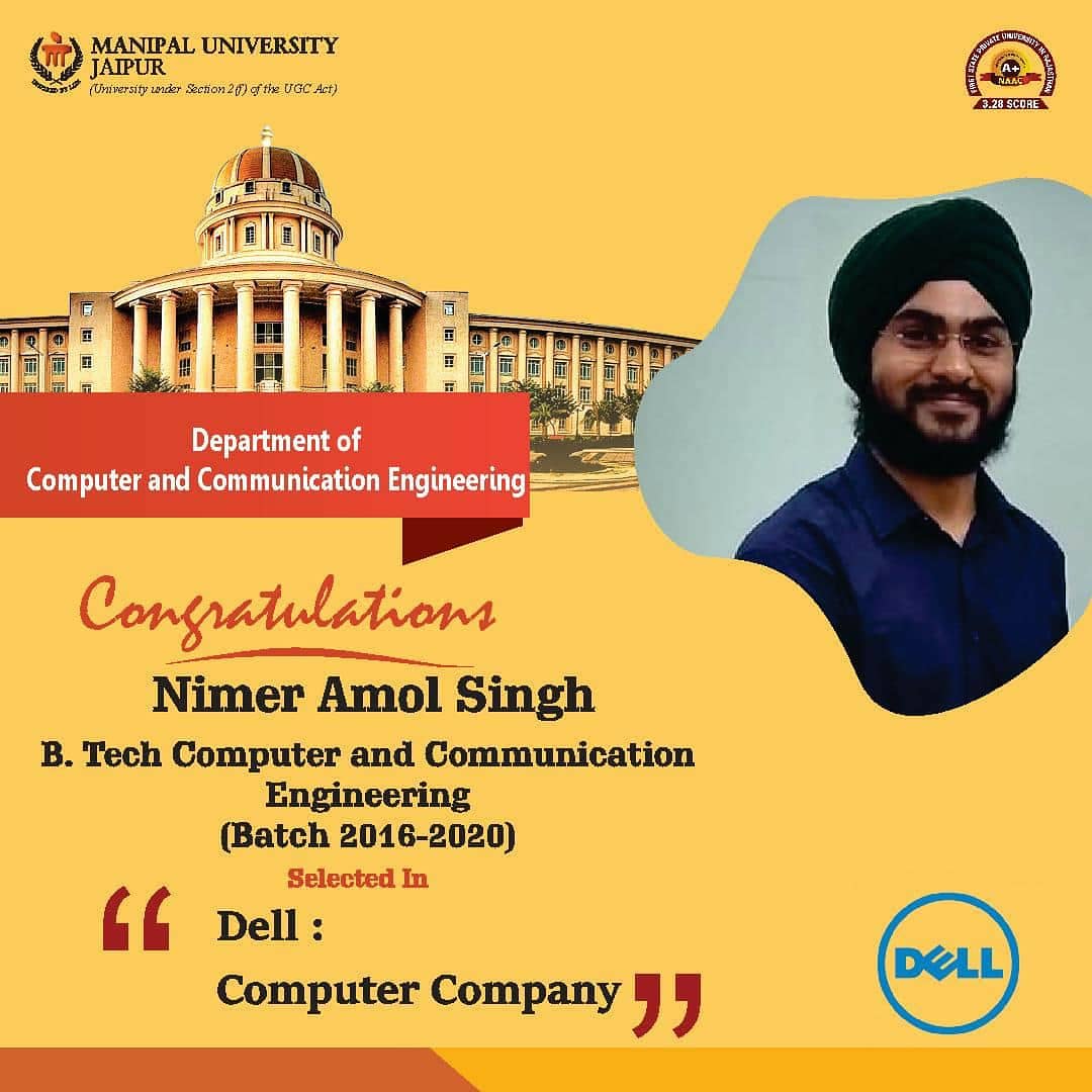 SCSEMUJ's tweet photo. CCE MUJ would like to congratulate &amp; announce the selection of our precious students, 𝗡𝗶𝗺𝗲𝗿 𝗔𝗺𝗼𝗹 𝗦𝗶𝗻𝗴𝗵, 𝗥𝗮𝗮𝗷 𝗔𝗻𝗮𝗻𝗱 𝗠𝗶𝘀𝗵𝗿𝗮 &amp; 𝗦𝗮𝗿𝘁𝗵𝗮𝗸 𝗔𝗴𝗮𝗿𝘄𝗮𝗹, by 𝗗𝗲𝗹𝗹, during 2020 Batch Placements.We would like to extend our best wishes. All the best https://t.co/IfYEGs8KqE