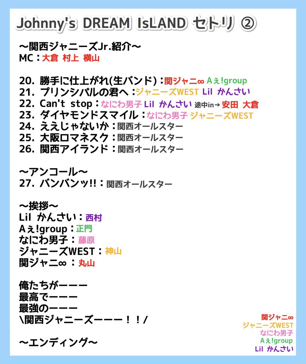 pafu_zo's tweet photo. 【ドリアイセトリメモ】

簡単にメモった！ミスあるかもです！フォントの関係で漢字が違う方々はごめんなさい〜
#JohnnysDREAMIsLAND
#ドリアイ https://t.co/YrFQ4DxbSK