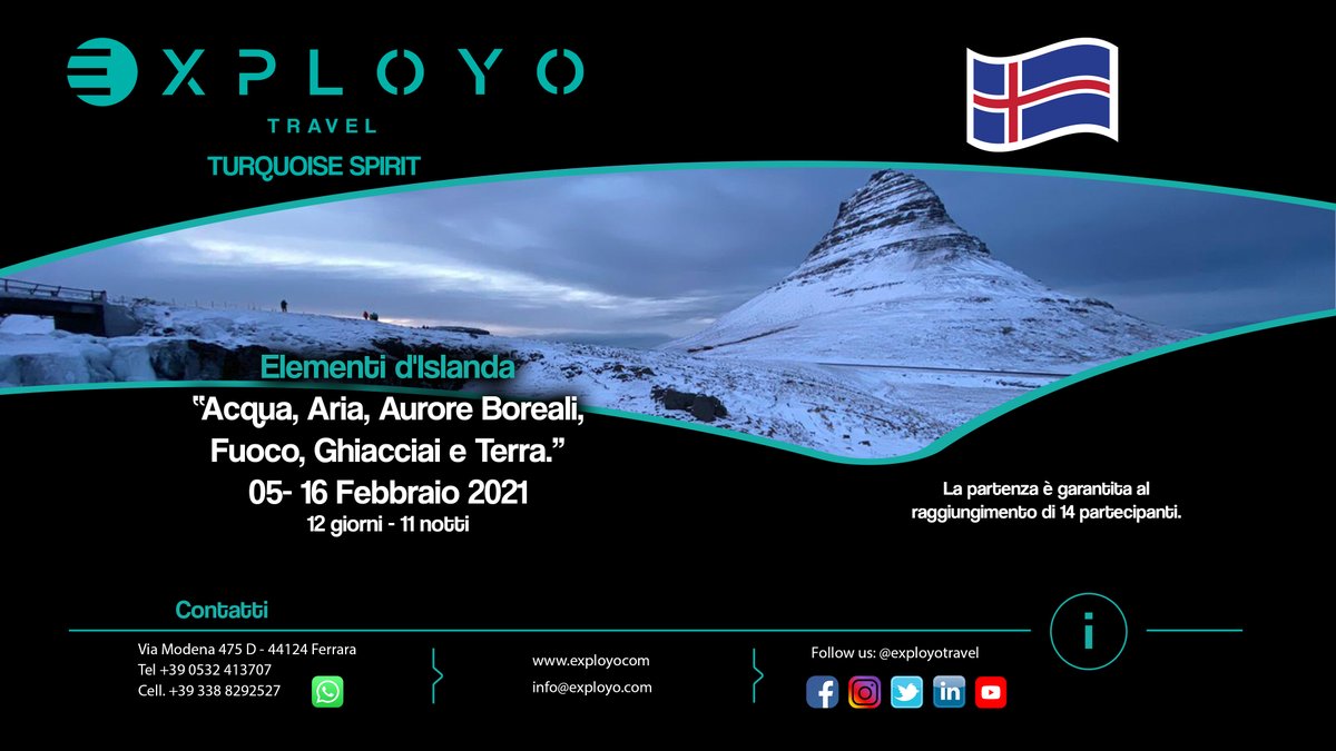 exployotravel's tweet photo. ELEMENTI D'ISLANDA
Programma Islanda 2021
✈️a/r 🏨11 notti con colazione 🚐2 minivan da 9 posti
🗺️escursioni incluse 🙎‍♂️🙋‍♂️accompagnatore e interprete LIS inclusi
📝assicurazione medico, bagaglio ed annullamento incluse
👥max 14 persone
#exployotravel #turquoisespirit https://t.co/UZVafsvjQn