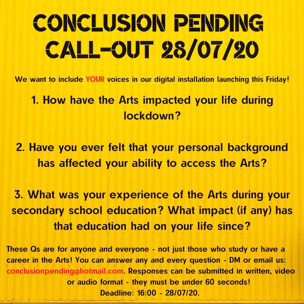 We want to include YOUR voices in our digital installation launching this weekend - DM or email us your responses: conclusionpending@hotmail.com by 4PM TODAY.