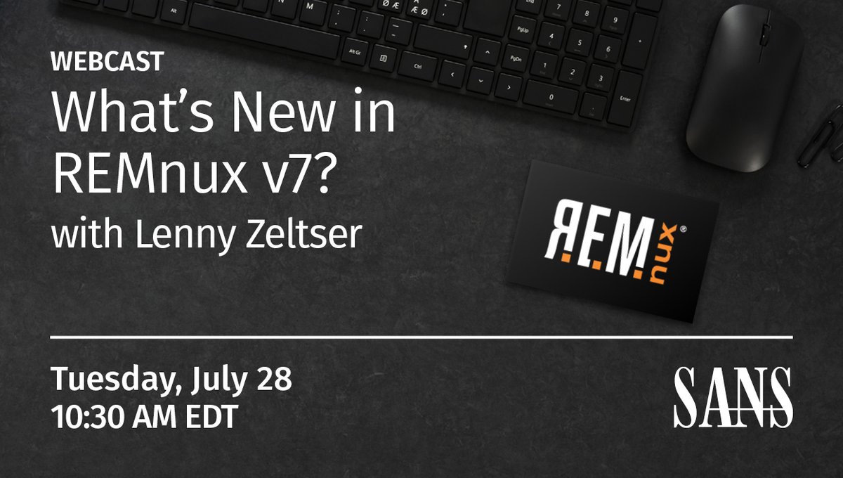 sansforensics's tweet photo. TODAY|  What’s New in @REMnux v7?

Version 7 of the #malwareanalysts tool is out! 

 Join @lennyzeltser as he explains what's new &amp; exciting in this new release &amp; how you can benefit from the hundreds of malware analysis tools that it includes.
👉 https://t.co/6h3xK41hl5 https://t.co/rcsUSUkoY6