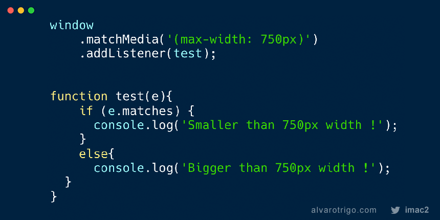 Álvaro Trigo 🐦🔥 on Twitter: "Uh wow 😲, I had no idea we could use: > window.matchMedia In order to trigger JavaScript events based on the viewport size! Sweeeeeet! 😊 https://t.co/nFDOKEvknp" / Álvaro Trigo 🐦🔥 on Twitter: "Uh wow 😲, I had no idea we could use: > window.matchMedia In order to trigger JavaScript events based on the viewport size! Sweeeeeet! 😊 https://t.co/nFDOKEvknp" /