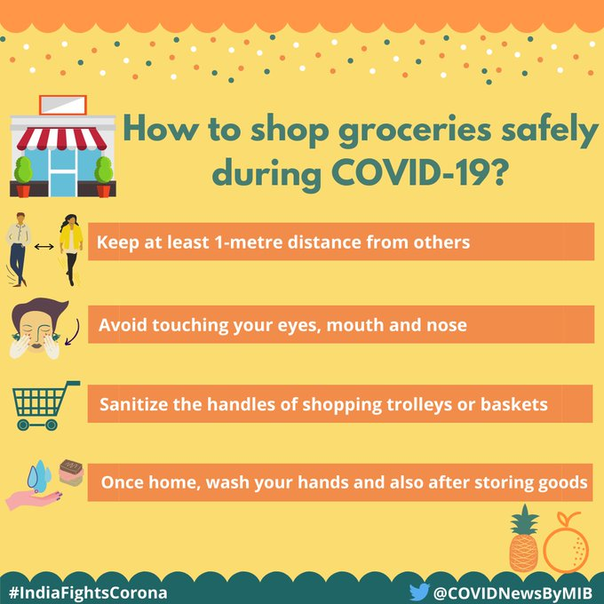 COVIDNewsByMIB's tweet photo. #IndiaFightsCorona:

📍How to shop groceries safely during #COVID19❓❓❓

➡️Keep distance from others- #PhysicalDistancing 
➡️Avoid touching your eyes, mouth and nose
➡️Sanitize the handles of shopping trolleys or baskets

#StaySafe #IndiaWillWin

@fssaiindia https://t.co/L4LwZwuSJp