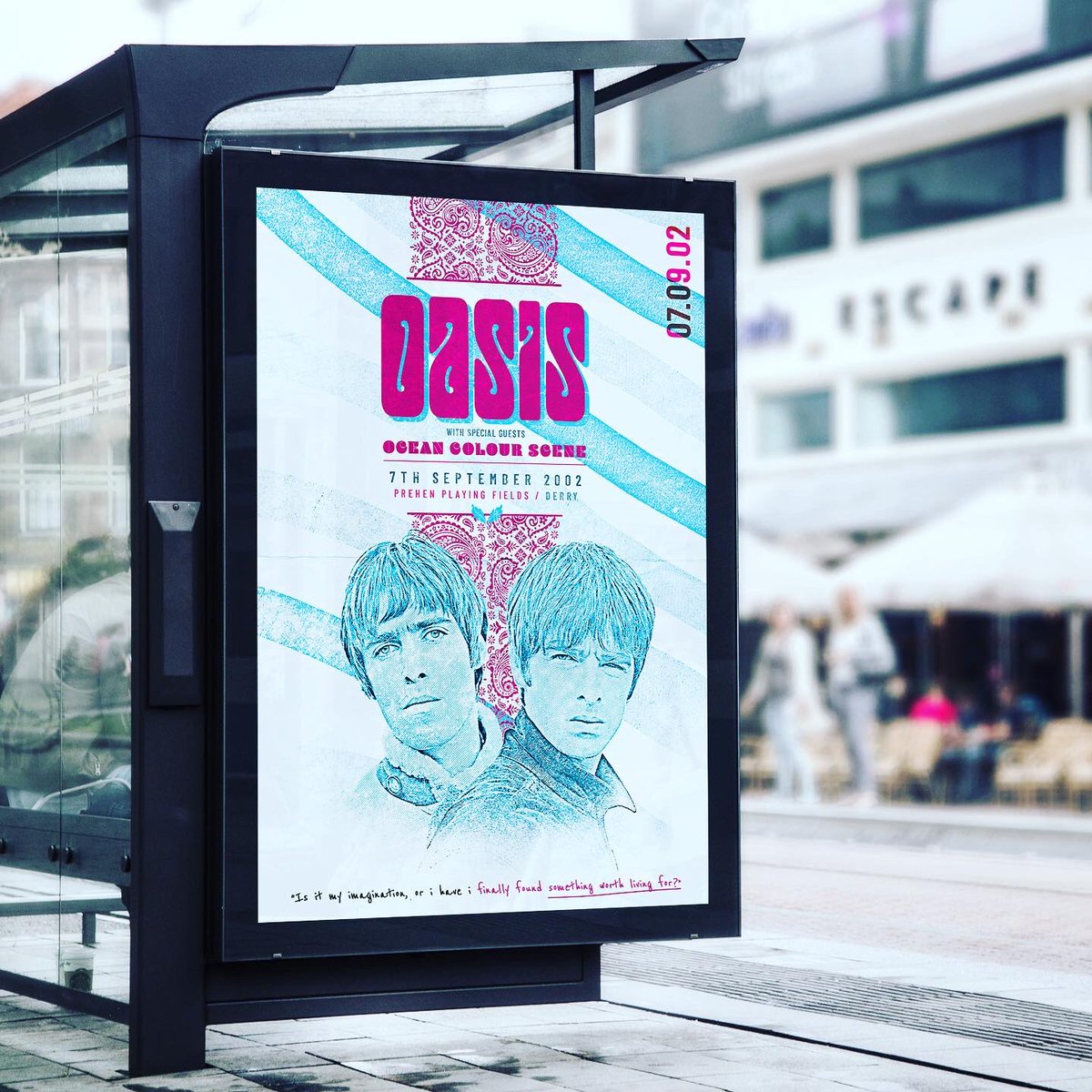 GlennSweeney7's tweet photo. Actually I like this colour version better than the old skool worn poster style 🤘🏻 #oasis #prehen #derry https://t.co/q0xJi5l9Qy