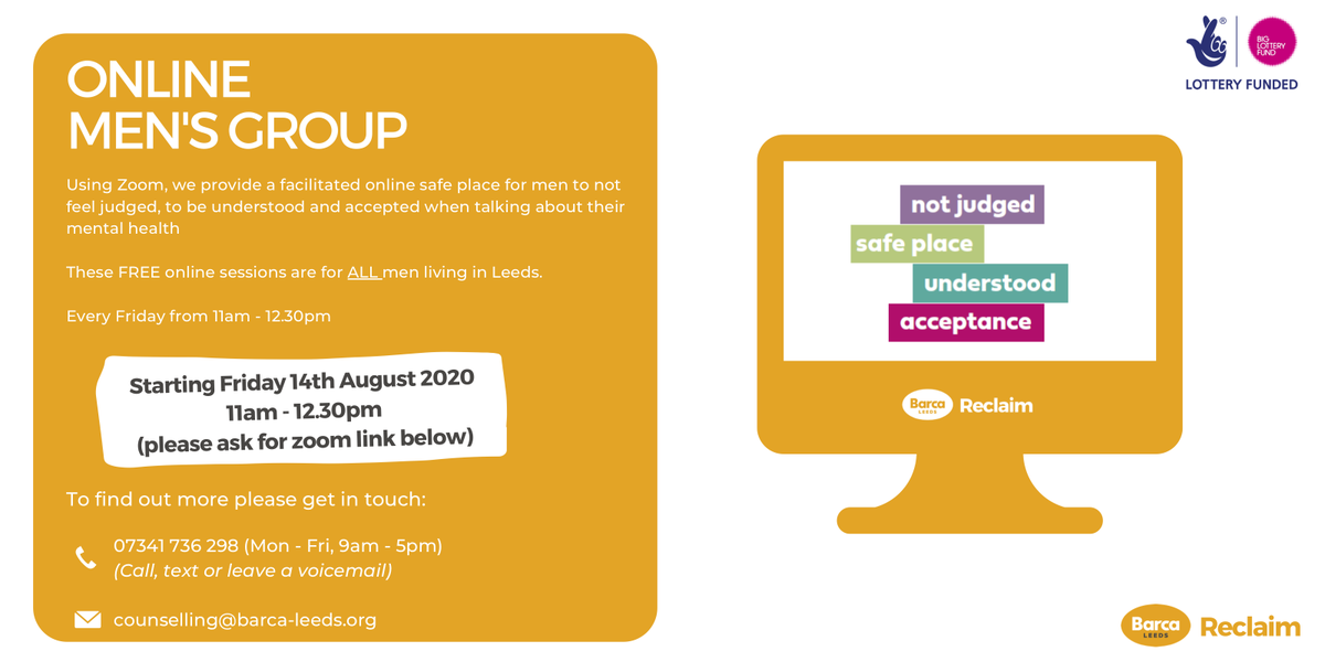 BARCALeeds's tweet photo. We are pleased to announce that our free online sessions for men and their #mentalhealth are now open to ALL men in Leeds, regardless of their postcode. The @BACP facilitated space is open for men to talk freely about their #mentalhealth and will be held via Zoom. Please share! https://t.co/DixjnpgSMA