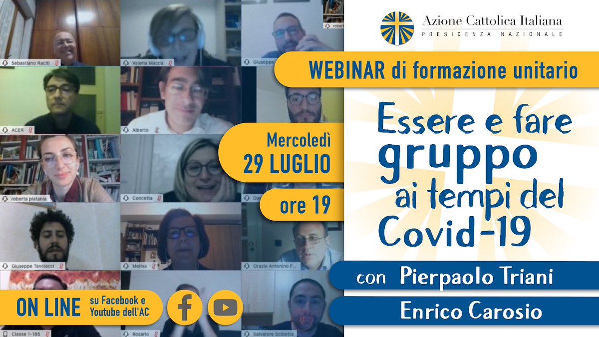 Domani 𝐌𝐞𝐫𝐜𝐨𝐥𝐞𝐝𝐢̀ 𝟐𝟗 𝐋𝐮𝐠𝐥𝐢𝐨 𝐚𝐥𝐥𝐞 𝐨𝐫𝐞 𝟏𝟗:𝟎𝟎 𝐰𝐞𝐛𝐢𝐧𝐚𝐫 dal titolo: 𝑬𝒔𝒔𝒆𝒓𝒆 𝒆 𝒇𝒂𝒓𝒆 𝒈𝒓𝒖𝒑𝒑𝒐 𝒂𝒊 𝒕𝒆𝒎𝒑𝒊 𝒅𝒆𝒍 𝑪𝒐𝒗𝒊𝒅-19.
➡️ Link Diretta Facebook: 
bit.ly/2BBSGaN
➡️ Link Diretta YouTube:
youtu.be/LCrI_yxVP20