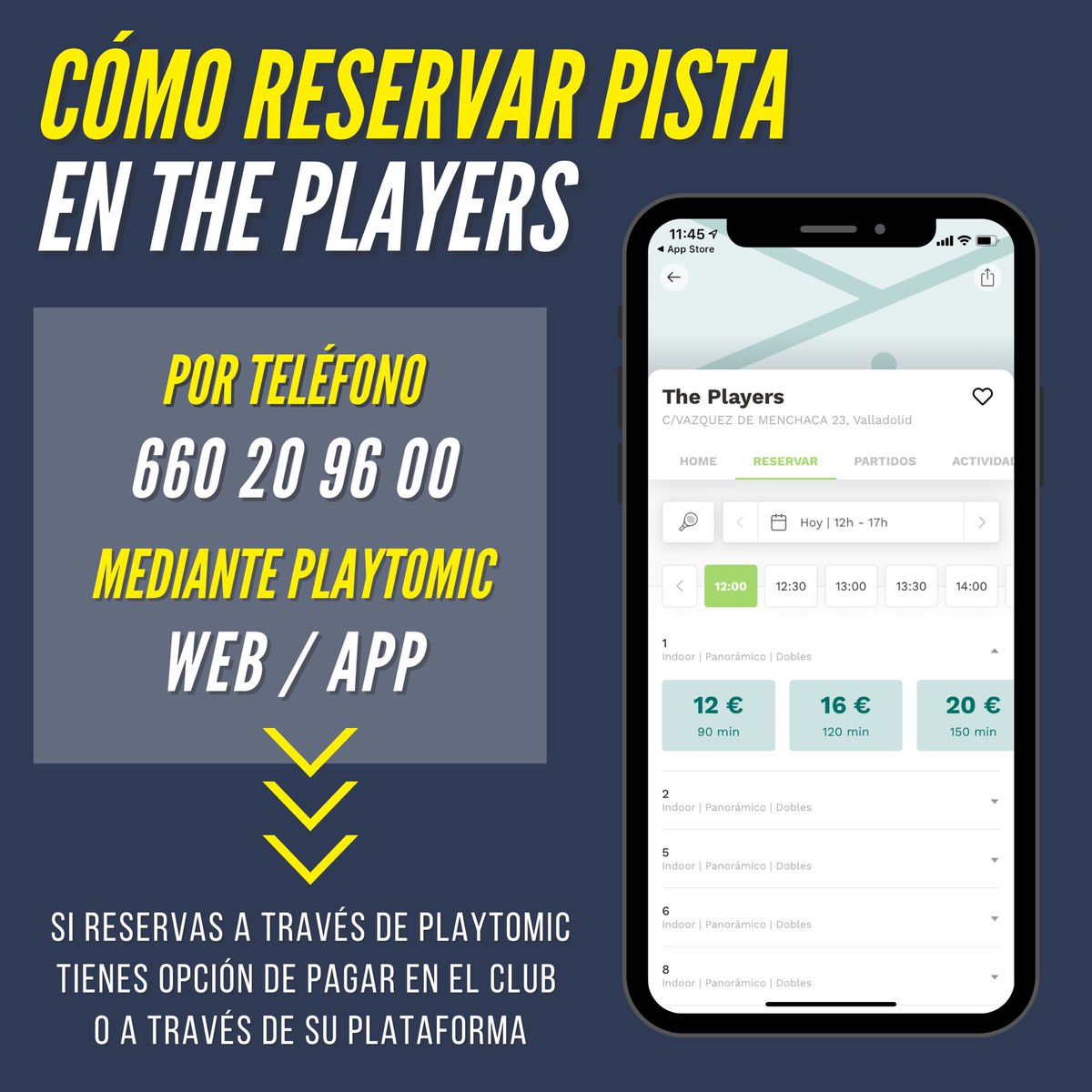 Muchos nos preguntáis cómo podéis reservar pista en el club. Hay dos opciones ⬇️
⠀ 
1. Por teléfono, llamando al 660 20 96 00.
⠀ 
2. A través de @playtomic_app, mediante su web o su app. Registrándoos veis la disponibilidad de pistas y horarios.
⠀ 
¡Así de fácil!
