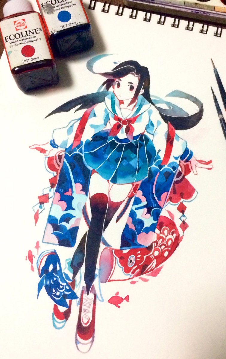 1girl solo skirt long hair thighhighs black hair long sleeves  illustration images