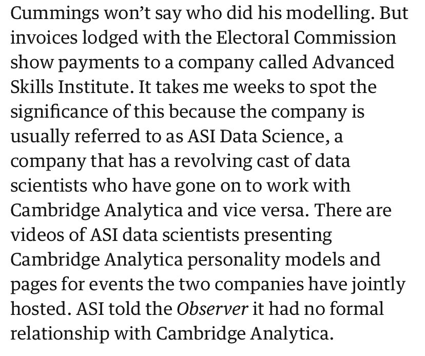 Why was identity of ‘the physicists’ kept secret? Why did ASI - now  @faculty_ai - only admit its involvement after I clocked an invoice from them on Electoral Commission website? So many questions...including  @faculty_ai’s relationship to Cambridge Analytica.