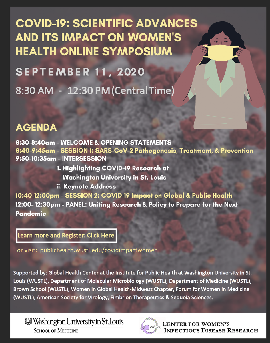 The Center for Women's Infectious Disease Research and Institute for Public Health at WUSTL present a symposium on COVID-19: Scientific Advances and Its Impact on Women's Health. September 11, 2020, 8:30 am to 12:30 pm CT. publichealth.wustl.edu/events/covid-1…
@WUSTLpubhealth @WUSTL