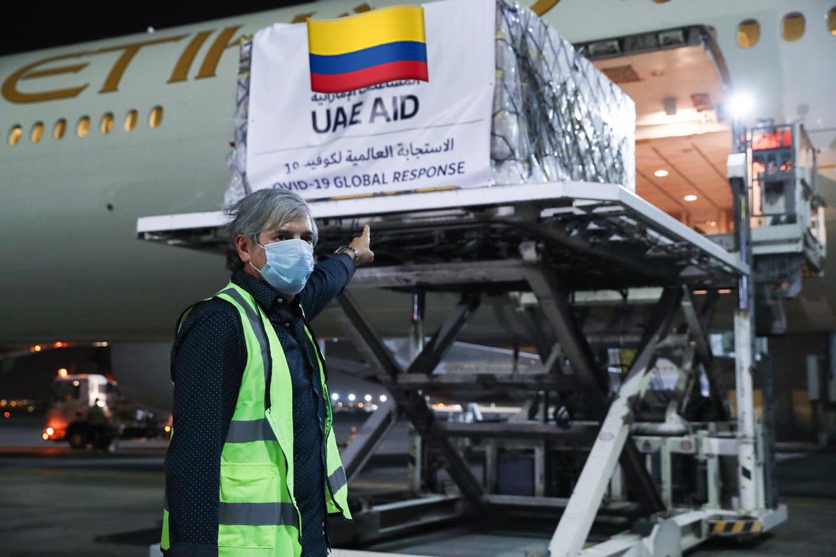 JaimeAminH's tweet photo. Hoy llega la tercera donación de Emiratos Arabes Unidos al pais  para luchar vs. el COVID-19. Incluye ventiladores, pruebas y material biomédico y hospitalario.Toda nuestra gratitud a nombre del Gob. del Pdte.@IvanDuque y el pueblo de Colombia a la gran nación árabe. 🇨🇴🇦🇪🇨🇴🇦🇪🇨🇴🇦🇪 https://t.co/j9LH4B5I6d