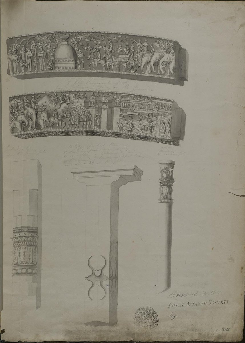 RAS_Soc's tweet photo. Drawing of details of the south gate at Sanchi, c.1835, with annotations, attributed to Capt. William Murray (1801-42) https://t.co/NSck4ulx9Q