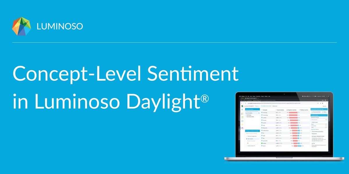 LuminosoInsight's tweet photo. Concept-Level Sentiment is now available in Luminoso Daylight. This exciting advancement uses deep learning for sentiment classification across any industry or domain, detecting #sentiment for individual words or phrases.

Press release: https://t.co/r6NP9ipATp
#sentimentanalysis https://t.co/G80mzALl9m