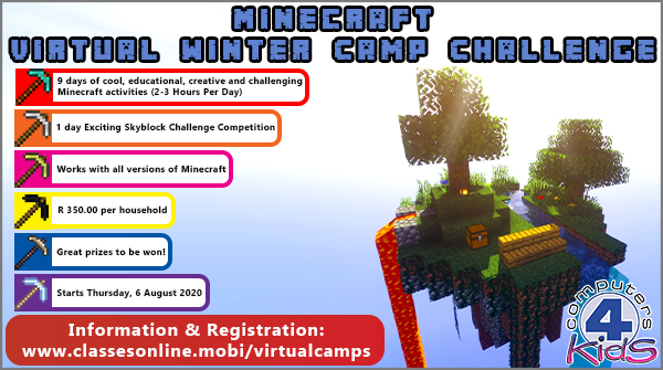 c4kofficial's tweet photo. C19 got you back @ home again? Why not join our 10 day Minecraft Virtual Winter Camp Challenge?
*6-16 August 2020
*Works with all versions of Minecraft
*Amazing Skyblocks final challenge!
*Great prizes
Information and registration:
https://t.co/AlKXM7a8Ga https://t.co/vhSh4Zh7iu