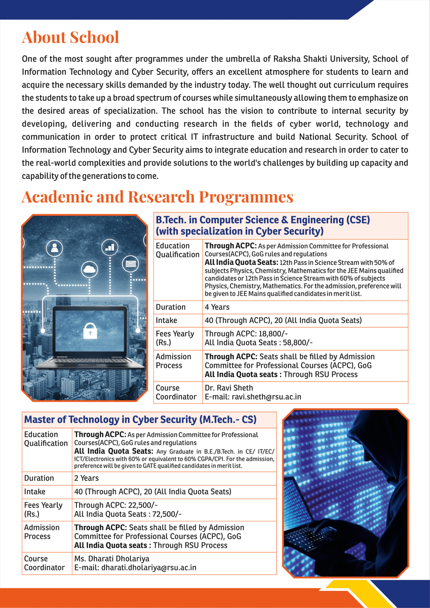 rru_sitaics's tweet photo. Brochure for Courses offered by School of Information Technology & Cyber Security (SITCS)
Brochure Link: https://t.co/yDOPSMpJ0e
#sitcs #RakshaShaktiUniversity #computerscience #informationtechnology #btechadmission #admission2020 #CyberForensics #digitalforensics #btech #mtech https://t.co/nMyp0f3N7h