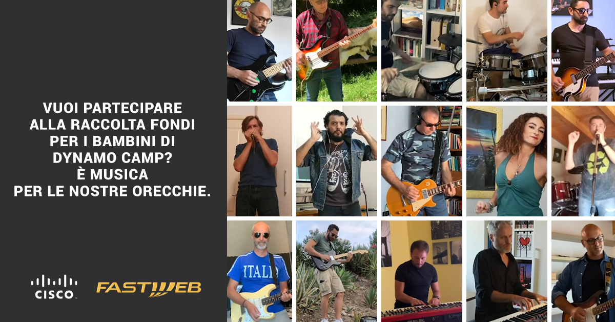 FASTWEB's tweet photo. Nasce #LaBandaAllargata. 17 dipendenti di Fastweb e Cisco con la passione per la musica, riuniti digitalmente da un obiettivo: aiutare le attività della Terapia Ricreativa di @DynamoCamp. Scopri di più sull'iniziativa: https://t.co/c4Y1FAlnm3 https://t.co/2uKNfut7Ep