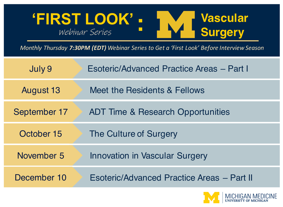 Excited to host our second Webinar in the 'First Look' Series - join us and meet the <a href="/UoMVascSurgery/">UoM Vascular Surgery</a> residents and fellows August 13th at 7:30pm EST.  To register:  umich-health.zoom.us/s/99128633320?…
(Passcode: 256168)  <a href="/ColemanDM_vasc/">Dawn Coleman</a> <a href="/UMichSurgery/">Michigan Surgery</a> 
<a href="/FutureVascSurgn/">FutureVascSurgeons</a>