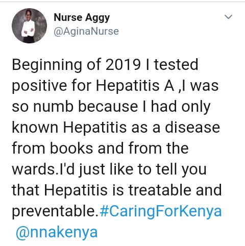 This is an experience of a Bsc Nursing Student (@AginaNurse), evidence enough that Hepatitis can can effectively battled. However, protection of clinical nursing students through vaccination should remain a priority in our colleges.
#CaringForKenya #WorldHepatitisDay2020