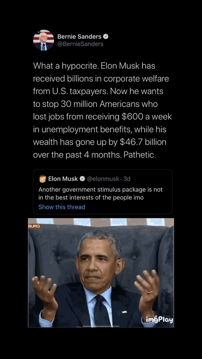 OwenSparks's tweet photo. So let me get this straight... 

Elon says stim package bad

Bernie says Billionaires bad

Bernie says stim package bad

Wtf @BernieSanders @elonmusk https://t.co/tQ7ZdQjd0J