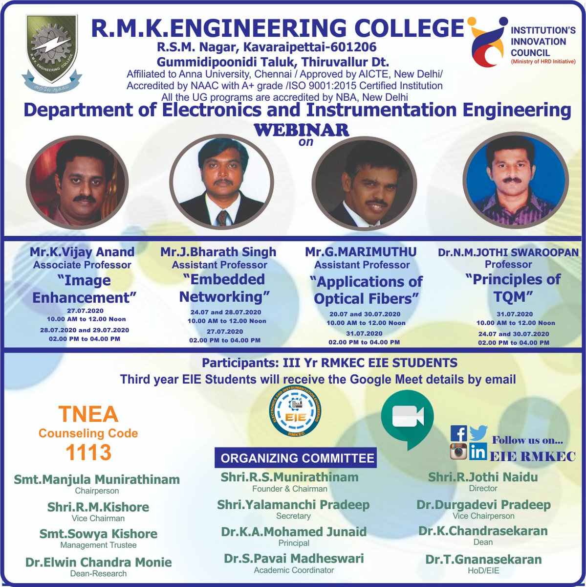 ERmkec's tweet photo. Last Webinar of this month. RMKEC EIE presents the next Five days webinar series in core areas for III Year students from 27.07.2020 to 31.07.2020.
#rmkengineeringcollege
#rmkiic
#rmkec
#rmkeie https://t.co/maFp2ipPHB