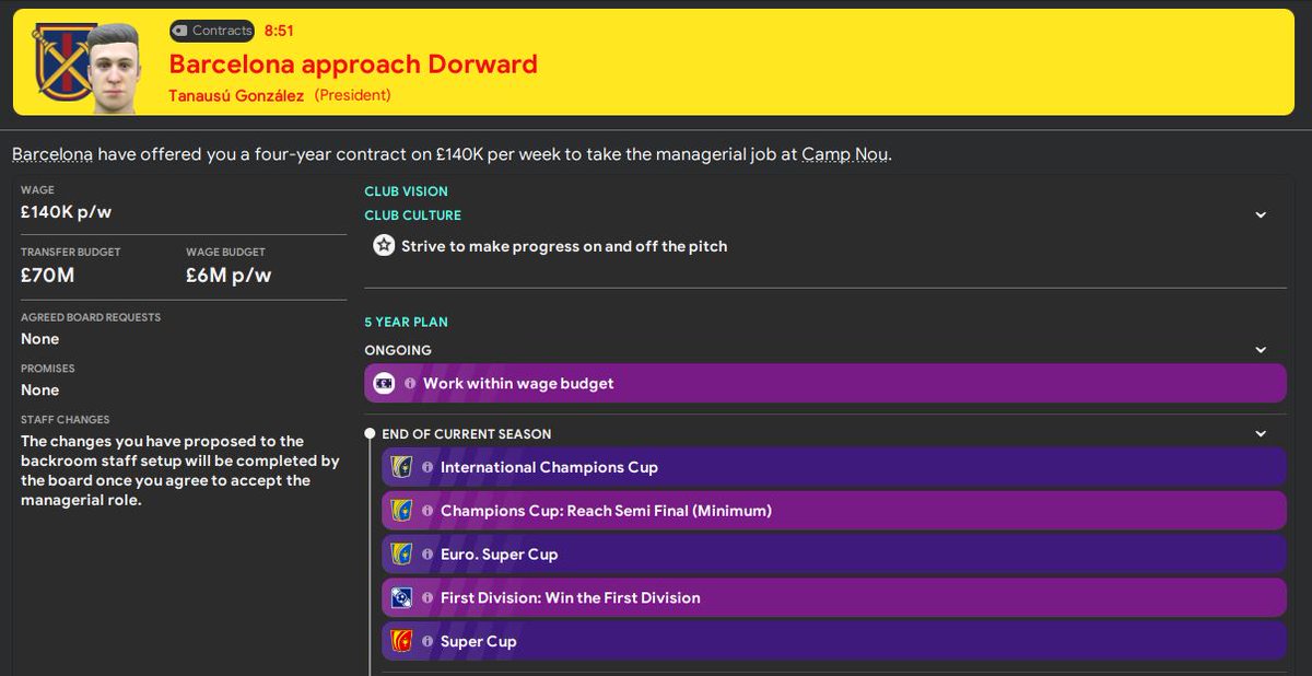 Quite the tempting offer to make the move from San Marino to Barcelona. Have I taken San Marino to a point where someone else can keep them at that level and bring through more Sammarinese youngsters while I look for success elsewhere?  #FM20