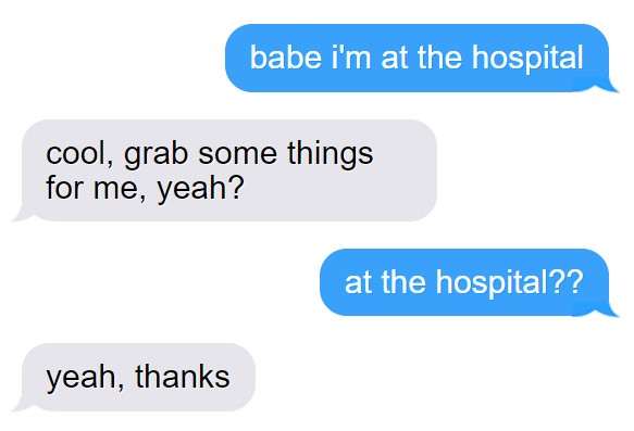 Dragon Age characters as 'I'm at the hospital' texts, a thread:
