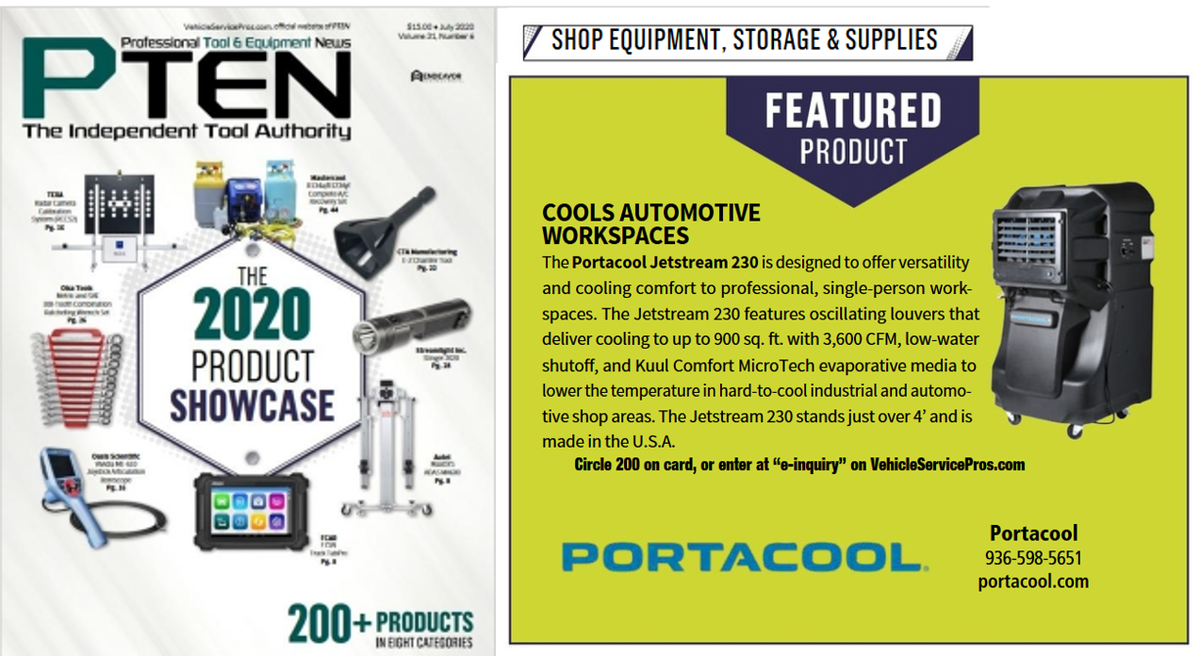 portacool's tweet photo. The versatile Portacool Jetstream 230 is featured in @VehicleSrvcPros July PTEN issue (Professional Tools &amp; Equipment News) as part of their round-up of top products for automotive shops. See page 49 https://t.co/rrDZkBXsBP
#automotive #autoshop #evapcooling #portacool https://t.co/dLaskY3L6c