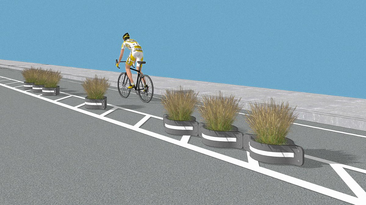 cont'd: via  @berkie1 "A used tire, a jigsaw, a drill, and a few bolts. Those are the basic components of a simple new barrier to separate car traffic from bike lanes."  https://www.fastcompany.com/90532760/how-old-tires-could-make-bike-lanes-way-safer