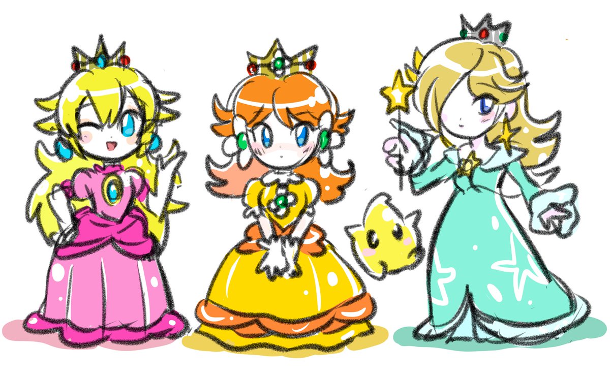 デイジー姫 ,ピーチ姫 ,ロゼッタ(スーパーマリオ) 「#PrincessDaisy  #デイジー姫
#Rosetta #Rosalin」|らくがきしたがり屋@skeb @回転寿司ブーム中ガリ食べたいなのイラスト