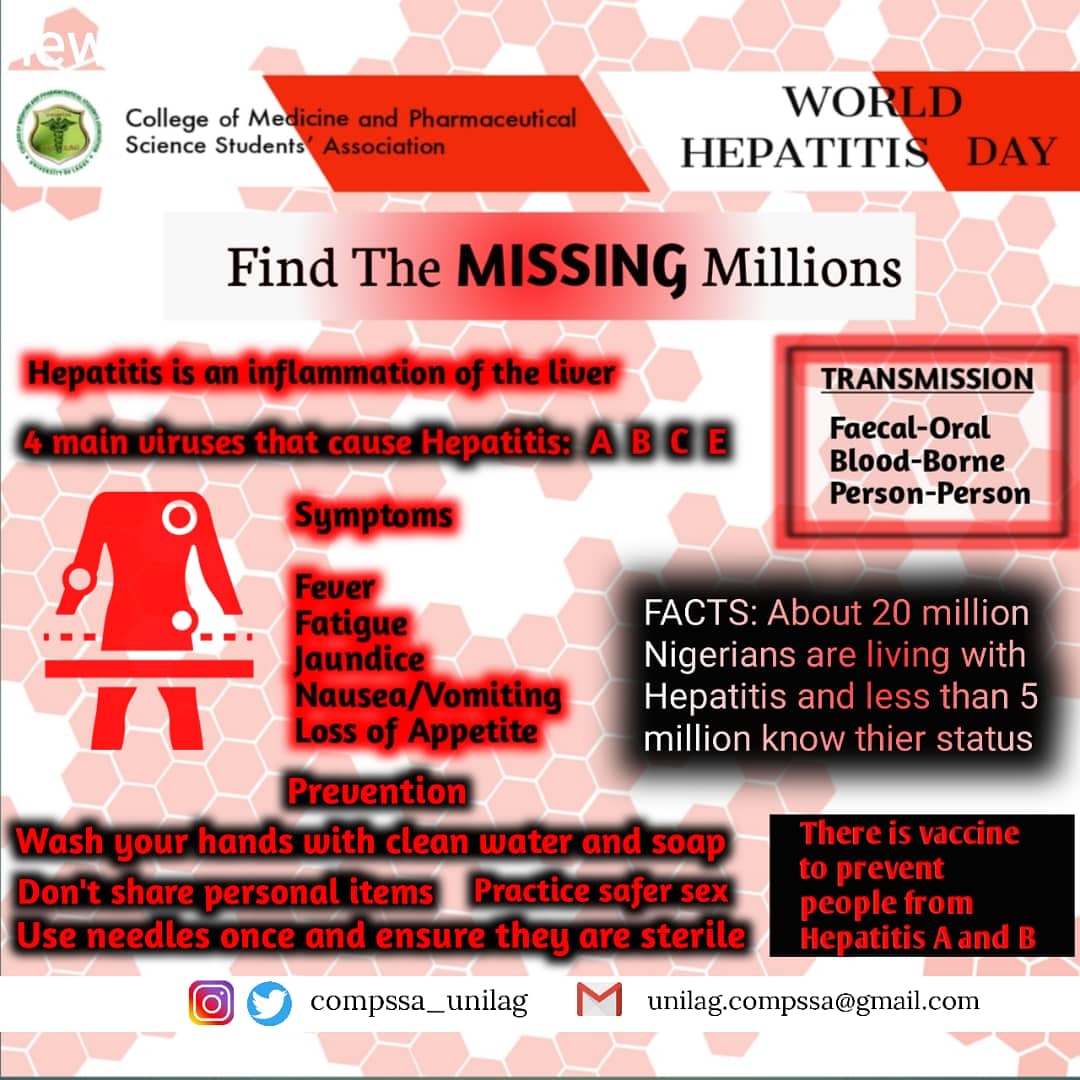 COMPSSA_UNILAG's tweet photo. DID YOU KNOW ??? 🤔
- HEPATITIS C is a leading cause of Liver Cancer 😯
- Millions of People are living with Viral Hepatitis and don't know 🙆♂️
- There are Vaccines 💉 to prevent getting this viral infection 🤗
Share this and save a soul ❤
#WorldHepatitisDay #compssacares https://t.co/rGtB0B81vp