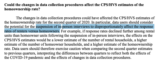 stupidly large jump in the homeownership rate. why would the census report these numbers? well, they are mandated to report them. if you actually read their metholodology comments though, you will find in pretty plain language a refutation of their own numbers: