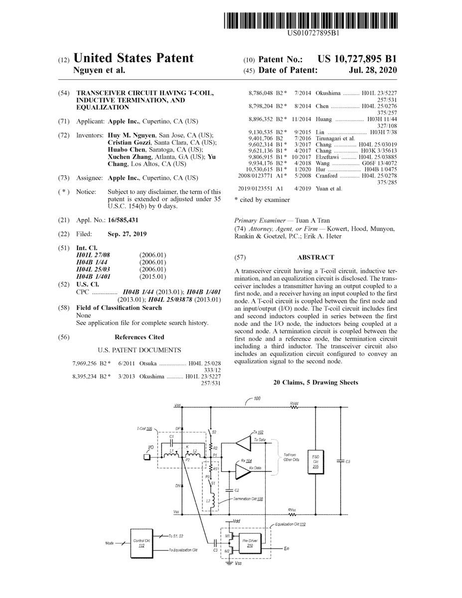 $AAPL #patent 10,727,895 Transceiver circuit having T-coil, inductive termination, and equalization #tech #IP #research trea.com/doc/10727895