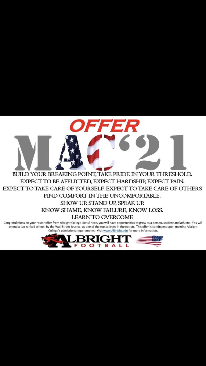 Blessed and excited to receive an offer from Albright College! <a href="/CoachWeaverAC/">Coach Weaver-Albright College HFC</a> <a href="/Albright_FBall/">Albright Football</a> <a href="/Holmdel_FB/">HolmdelHS Football (archived)</a> #RoarWithUs