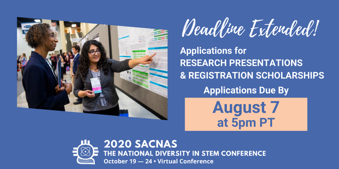 SACNAS's tweet photo. Research presentation and registration scholarship applications are due in 2 weeks. This is a fantastic opportunity to present research and receive valuable mentorship at #SACNAS2020. Apply here: https://t.co/eIjnFQp4vE https://t.co/L7NMxvZOFU