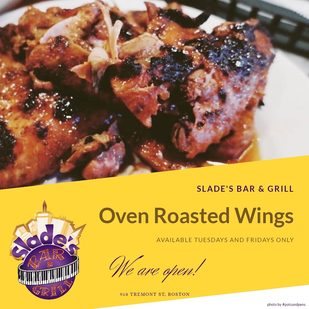 Slades_Boston's tweet photo. WE'RE OPEN!
Come see us and don't forget to order our addictive Oven-Roasted Wings!!🔥🔥
〰️
In&amp;Outdoor Dining available to Walk-Ins
OPEN TILL 8PM
〰️
#SladesBarNGrill #Slades #SBG #TheSoulOfBoston #TeaseYourTasteBuds #WereMoreThanJustChicken #WeAreLegendary #Lunch #Dinner #est1935 https://t.co/Uf8kMuWZI4