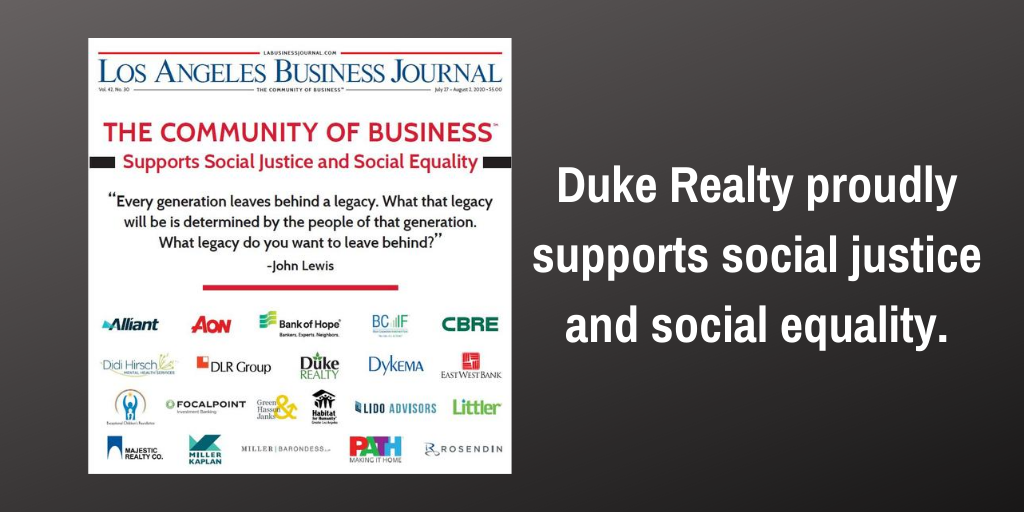 DukeRealty's tweet photo. @DukeRealty supports #DiversityandInclusion and is proud to lend our support to this great cause. 20% of this #LABusinessJournal cover’s proceeds are going to the Greater Los Angeles African American Chamber of Commerce Education Fund & Foundation. https://t.co/UQbjFswOed