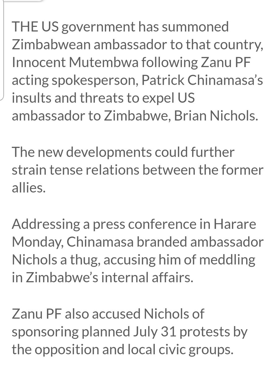 ProfJNMoyo's tweet photo. Tensions boil as US summons Zim Ambassador in Washington DC after ZanuPF's Patrick Chinamasa calls US Ambassador Nichols, a thug
@NewZimbabweCom 28/7/20

No comment!

#ZanupfMustGo 
#31JulyMovement

https://t.co/fDt0EgXAfe https://t.co/3NtVnea56I