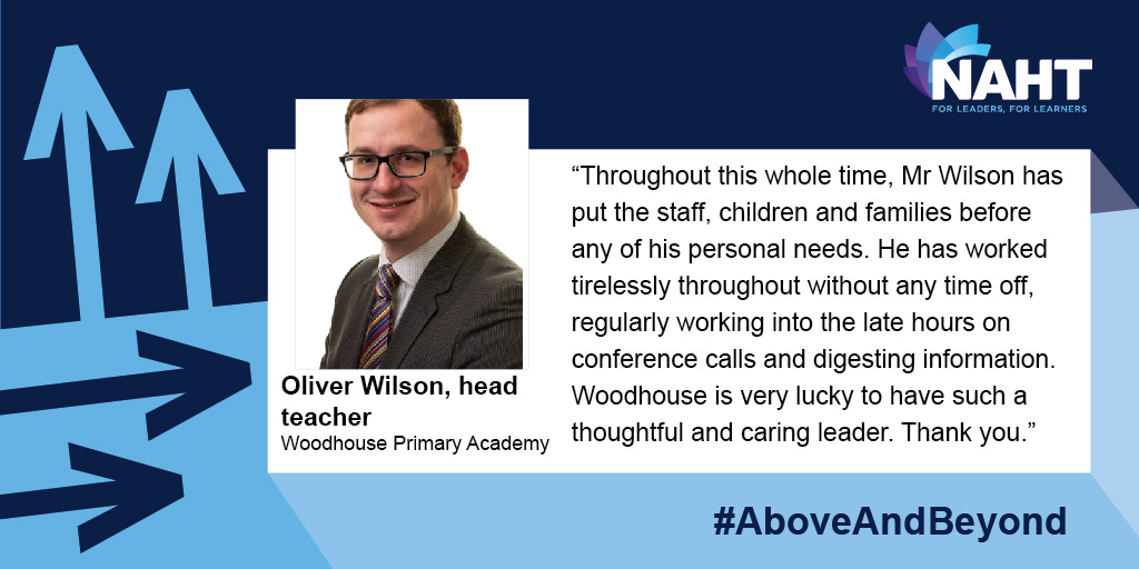 NAHTnews's tweet photo. Mr Oliver Wilson, head teacher at Woodhouse Primary Academy is one of the many school staff members that has gone #aboveandbeyond to support children, their families and school community through the extraordinary challenges of the past few months. https://t.co/OT0NV9puQe