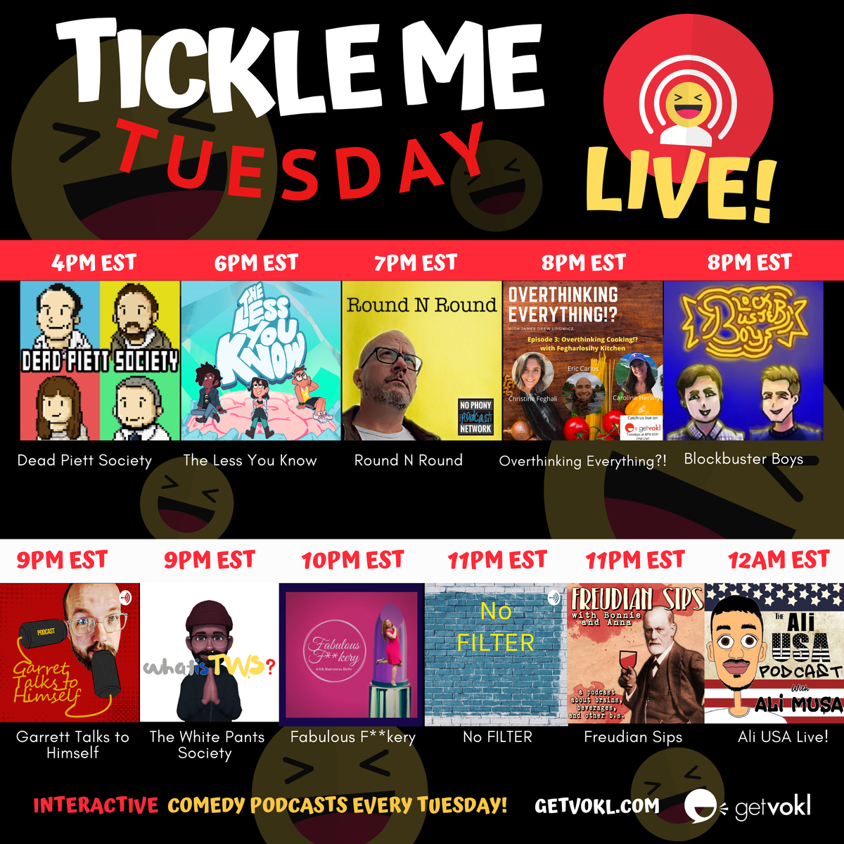 getvokl's tweet photo. Feelin' a little low? Need a little pick-me-up? #TickleMeTuesday is airing again tonight beginning at 4pm EST. A whole lotta laughs and entertainment heading your way!

#GetVokl #InteractivePodcasting #Comedy #LiveShows #Entertainment #Tuesday #Podcast https://t.co/bl6vEw1n7C