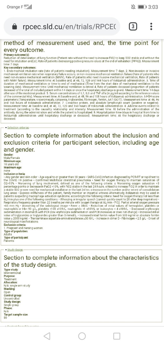  #Itolizumab clinical trial in Cuba has no control group, a single arm study (not RCT). Only 60 enrolled so far instead of claimed 80. First publication w/in a week of registration, in May. Study not yet complete. First enrollment on March 28 itself.  https://rpcec.sld.cu/en/trials/RPCEC00000311-En