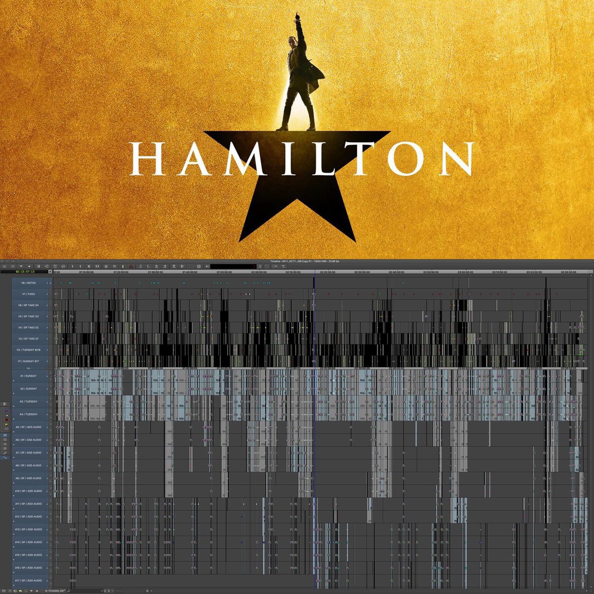 rexcastillotv's tweet photo. Yβall this is a look at the editing timeline for the epic musical Hamilton. π€― https://t.co/T2q73Jevnw