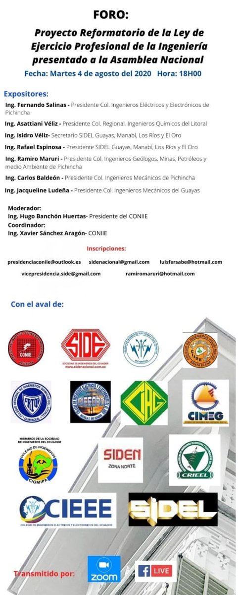 INVITACIÓN A FORO: PROYECTO DE REFORMA DE LA LEY DEL EJERCICIO PROFESIONAL DE LA INGENIERÍA, #LEPI, Presentada a la <a href="/AsambleaEcuador/">Asamblea Nacional</a> por la Sociedad de Ingenieros del Ecuador, #SIDENACIONAL.
@Kary_Arteaga <a href="/LaboralAN/">Comisión del Derecho al Trabajo y Seguridad Social</a> <a href="/cesarlitardo/">César Litardo</a> <a href="/francoromeroec/">Franco Romero Loayza</a> <a href="/mercedesserrano/">Mercedes Serrano</a> <a href="/cieeecuador/">CIEEE</a>