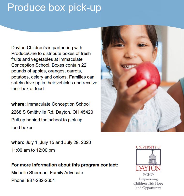 UDCatholicEd's tweet image. Wednesday, July 29 from 11 a.m. to noon at Immaculate Conception School -- produce box pick-up sponsored by Dayton Children's and ProduceOne.  Contact Michelle Sherman for more information.